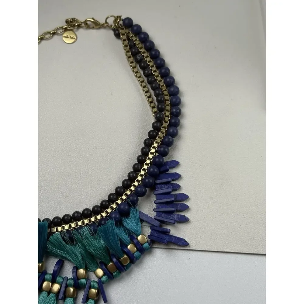Stella & Dot Tresse Statement Necklace Faux Lapis Faux Turquoise Blue Fringe 16